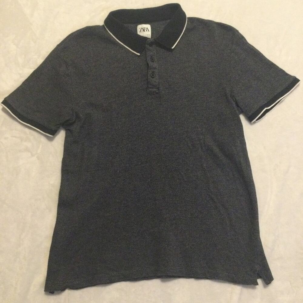 Zara Polo Shirt Mens Size M Navy Blue Cotton Preppy Tipped Collar‎ Short Sleeve